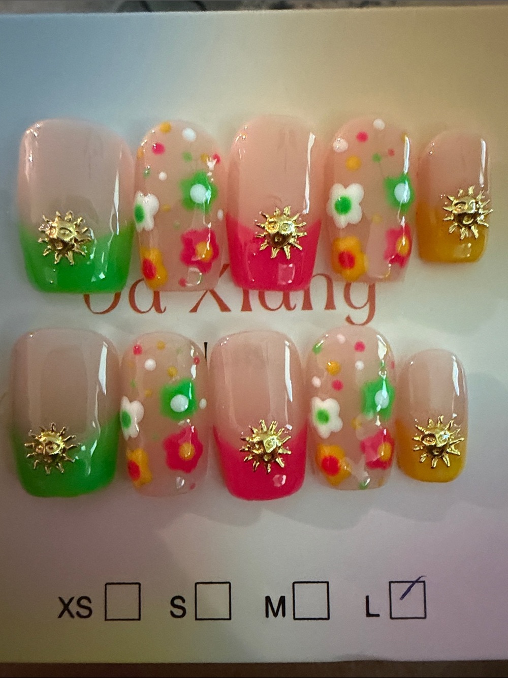 Spring Floral handmade acrylic Press-On Nail Set in Pink, Green & Yellow